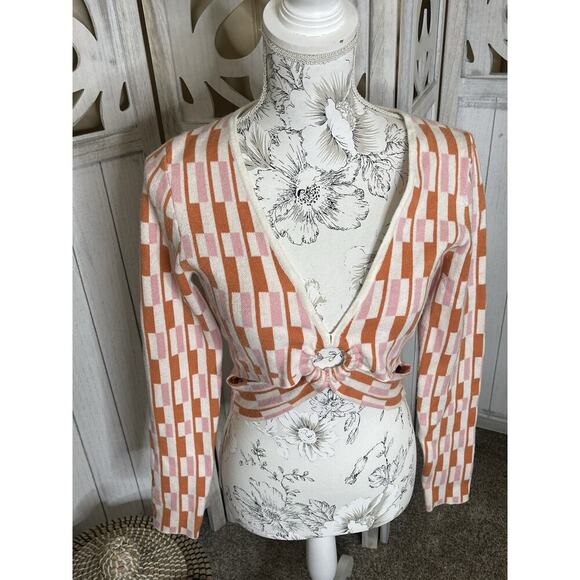 Dee Elly Retro 70s Look Stretchy Cropped V-Neck Top Size Small Orange Pink - Picture 1 of 6